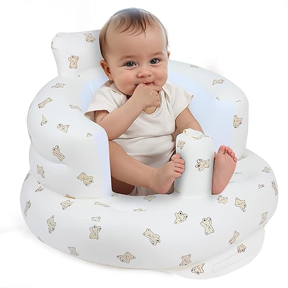 Inflatable Baby Support Seat for 3-36 Months, 100% Safe Blow Up Chair with Built-in Air Pump, Infant Floor Seat (Bear)