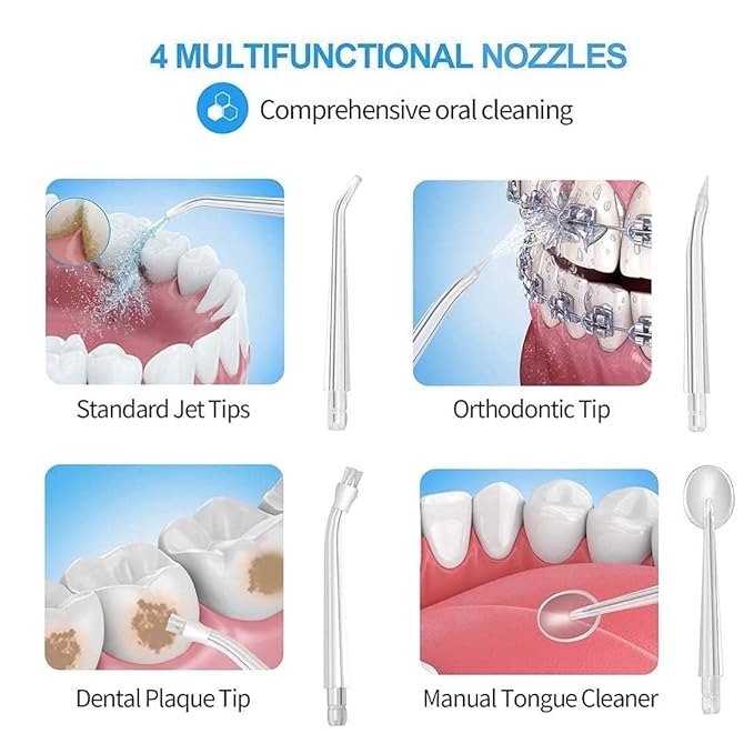 Water Dental Flosser | Portable Oral Irrigator | Cordless And Rechargeable Flosser | High Pressure Tooth Flusher with 4 Nozzles