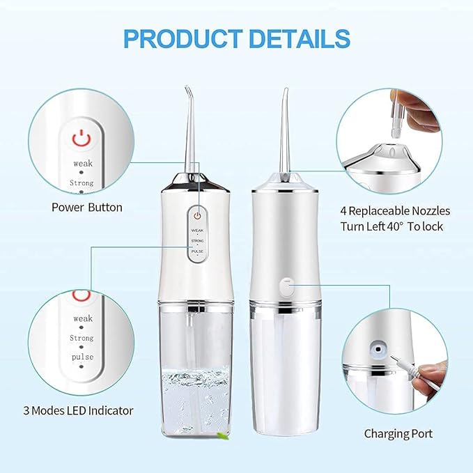 Water Dental Flosser | Portable Oral Irrigator | Cordless And Rechargeable Flosser | High Pressure Tooth Flusher with 4 Nozzles