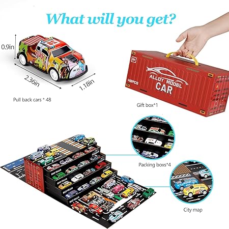 48 Piece Pull Back Car Set | 48 Pcs Pull Back Mini Car Toy Set with Container Storage | 48 Alloy car Set | Alloy Racing Car Toys