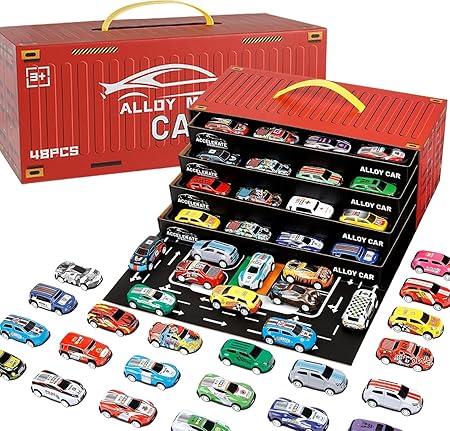 48 Piece Pull Back Car Set | 48 Pcs Pull Back Mini Car Toy Set with Container Storage | 48 Alloy car Set | Alloy Racing Car Toys