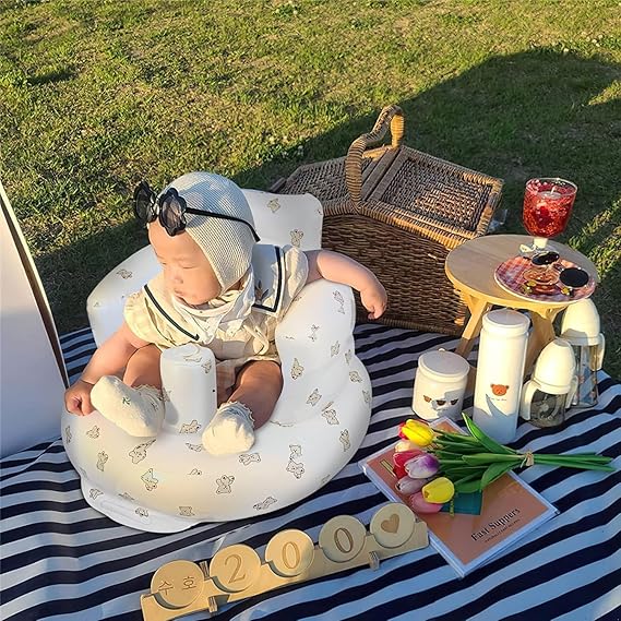 Inflatable Baby Support Seat for 3-36 Months, 100% Safe Blow Up Chair with Built-in Air Pump, Infant Floor Seat (Bear)