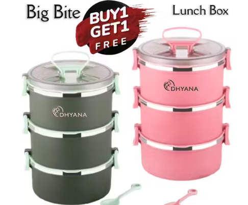 [Buy1 Get1 ]lunchbox Offer For School / Office, 3 Compartment with Airtight Lid Tiffin with Handle & Push Lock, Microwave Safe Food Grade Steel & Plastic Material