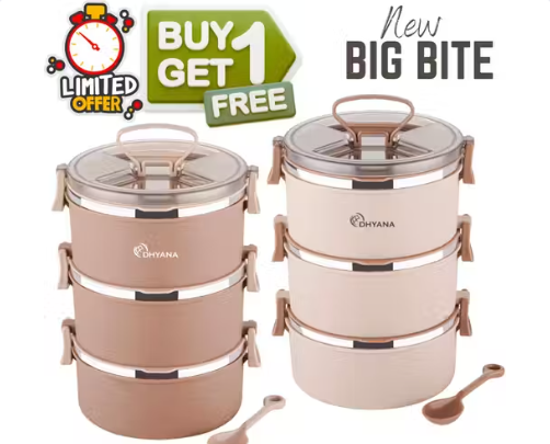 [Buy1 Get1 ]lunchbox Offer For School / Office, 3 Compartment with Airtight Lid Tiffin with Handle & Push Lock, Microwave Safe Food Grade Steel & Plastic Material